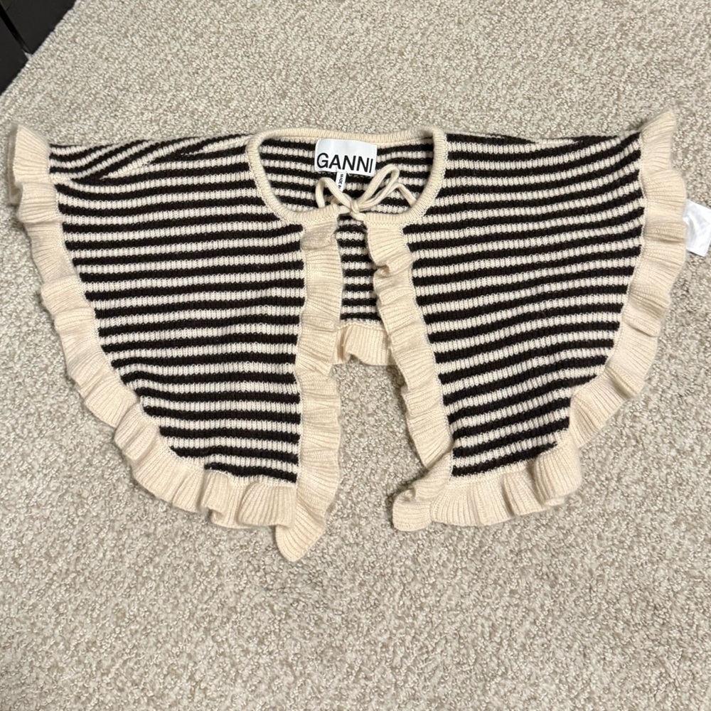 Ganni Black and Cream Striped Knit Cape/Collar